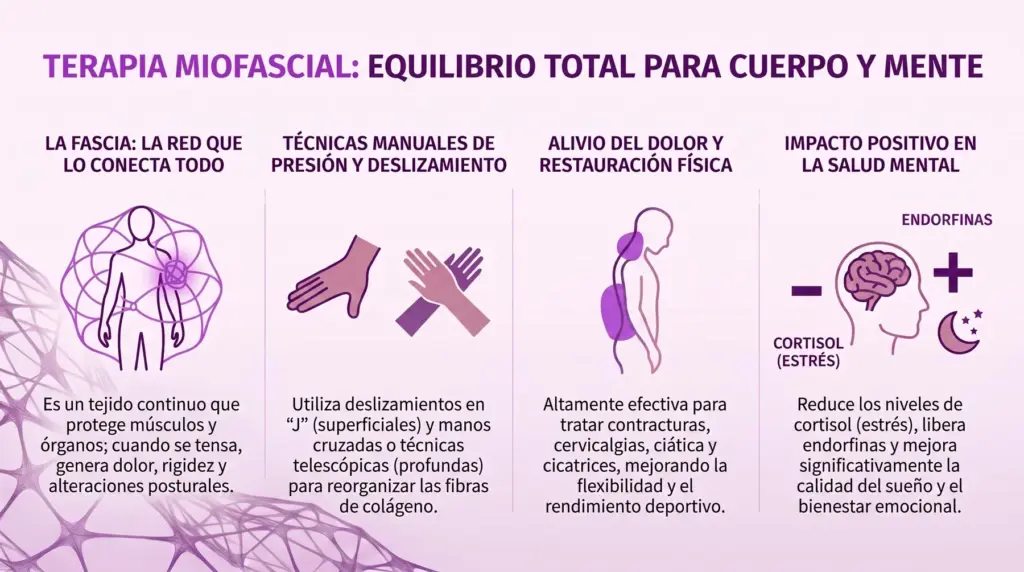 Infografías sobre las funciones, técnicas y beneficios de la terapia miofascial en osteopatía.