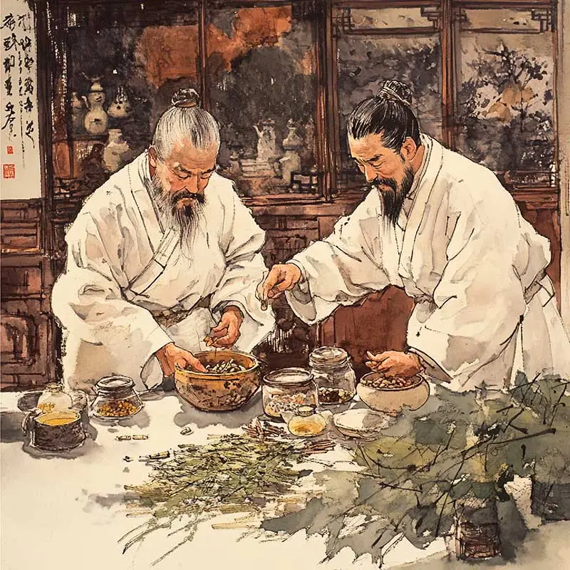 Ilustración de dos médicos tradicionales chinos preparando un remedio herbal.